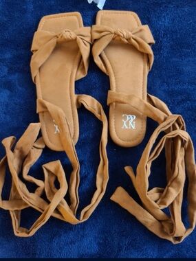 New York & Company Camel Tie-Strap Flat Sandals